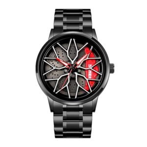 Skmei New Car Wheel Watch with Rolling Creative Fashion Analog Watch, Black Dial Zink Alloy Case Men's Watch, Stainless Steel Black Color Band, Quartz Movement, Water & Scratch-Resistant-1990
